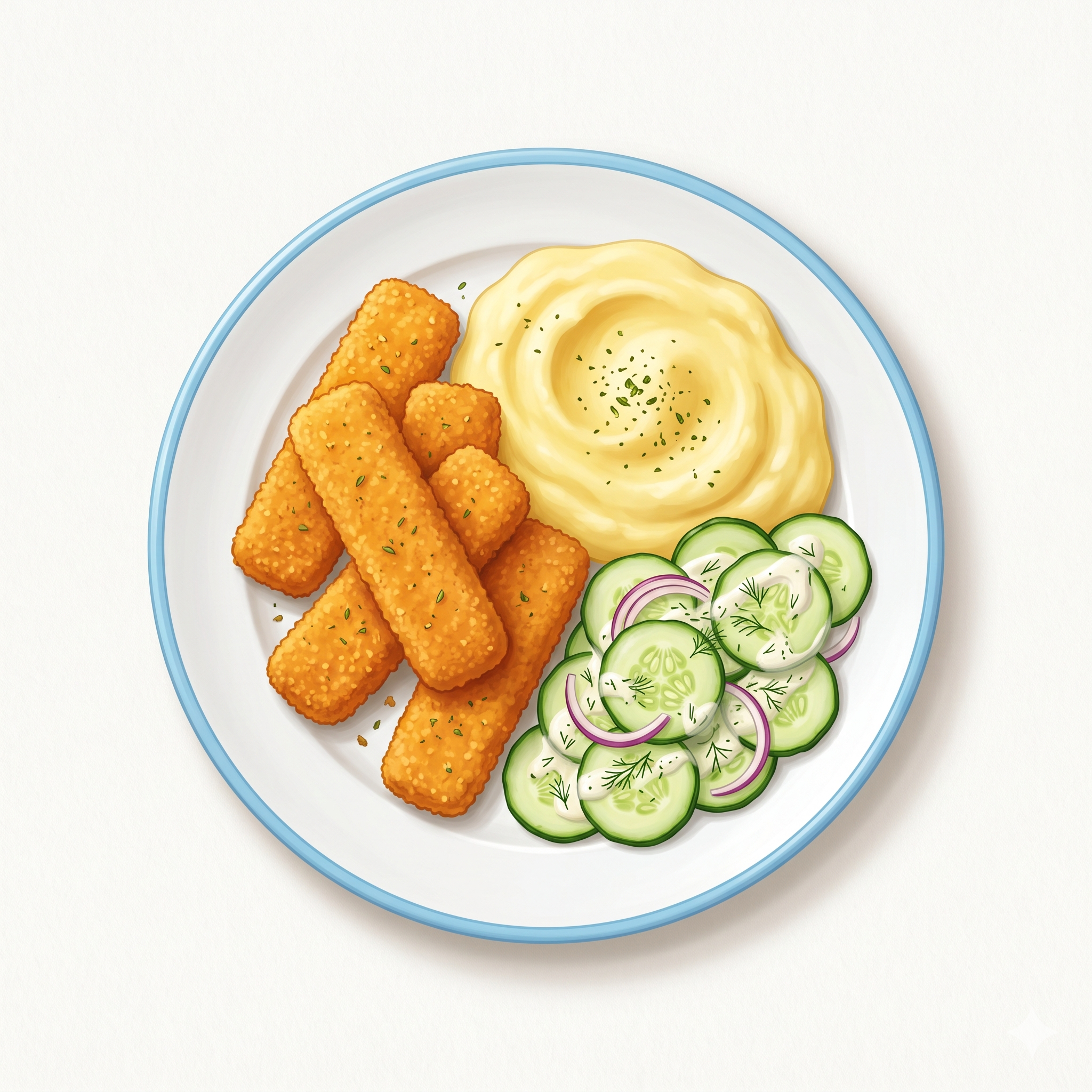 Fischstäbchen mit Püree & Gurkensalat