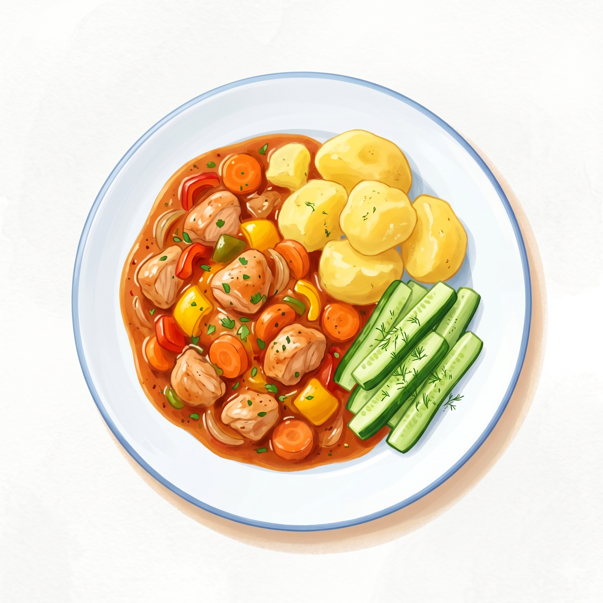 Hähnchen-Gulasch mit Kartoffeln & Gurkensticks